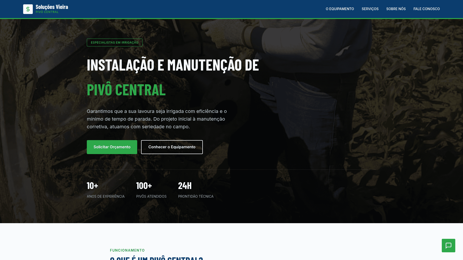 Site da Soluções Vieira com apresentação dos serviços de instalação e manutenção de pivôs centrais