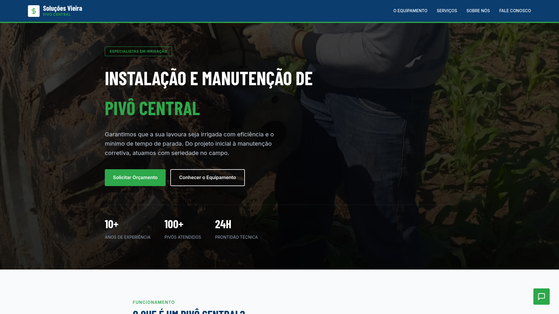 Screenshot do site Soluções Vieira — especialistas em pivô central